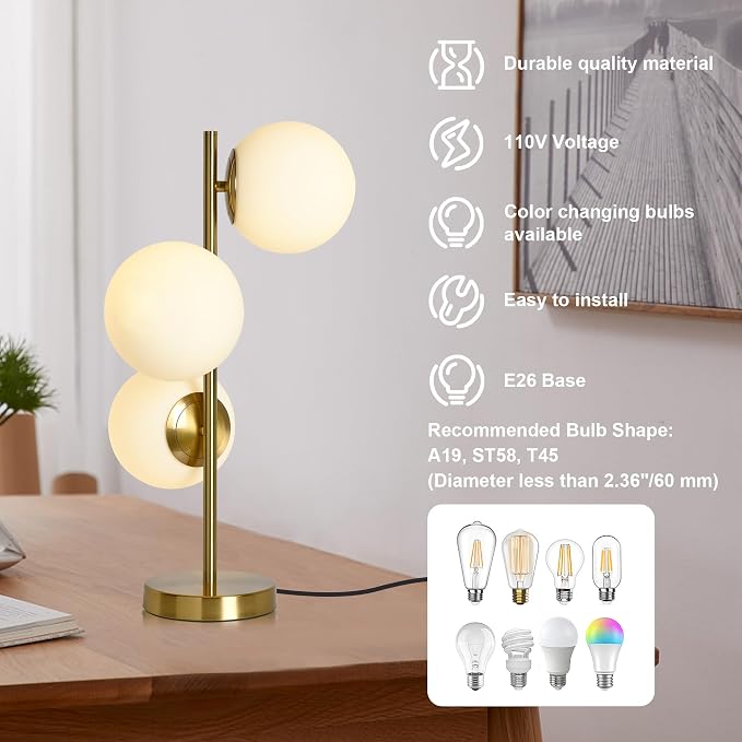 Mid Century Modern Glass Table Lamp 3-Light Gold Nightstand Lamp for Living Room Frosted Milk Glass Shade E26 Base for Office, Bedside, Vanity, Unique Desk Lamps
