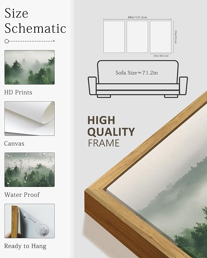 KUVIOKE Green Fog Pine Tree Framed Wall Art Nature Nordic Misty Forests Artwork Morden Painting Bedroom Decor 16x24in (Natural Framed)