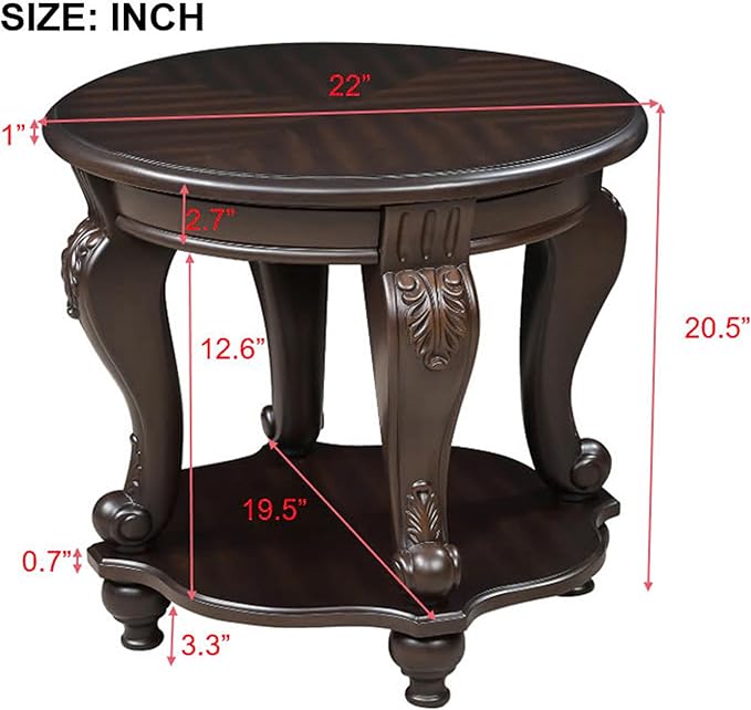 JIJIWANG Wood Round Sofa Table with Antique Carved Legs Oval End Table with Buttom Shelf for Small Space, Espresso