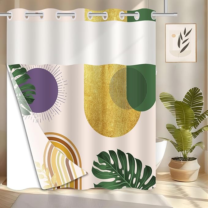 No Hook Shower Curtain,Purple and Green Plant,Mid Century Farmhouse,Modern Geometric Sun,Double-Layered Shower Curtain with High Visibility Window,White Lining Detachable,71x74Inch