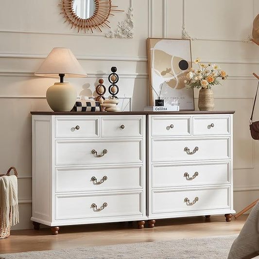 Farmhouse 5 Drawer Dresser Set of 2 for Bedroom, 35" Tall Rustic Chests of Drawers w/ 4 Solid Wood Feet, Mid Century Vintage Wooden Closet Storage Dressers Organizer for Living Room, White