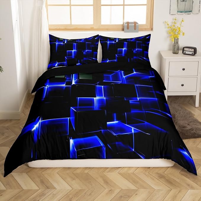 Erosebridal Abstract Duvet Cover, Modern Geometric Grid Square Twin Bedding Sets, Blue Black Honeycomb Bed Cover Soft Microfiber Polyester Bed Set for Kids Boys Bedroom(No Comforter)