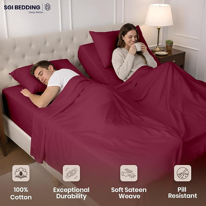 SGI Split King Sheet Set for Adjustable Bed Egyptian Premium Cotton 600 Thread Count Sheets for Sleep Number Bed 15" Deep Pocket 5 Pc Set with 2 Twin XL Fitted Sheets Soft Breathable -Burgundy