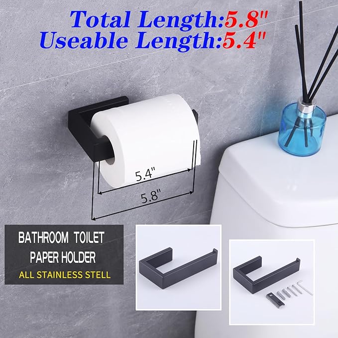 GERZWY Bathroom Accessory 4-Piece Set SUS 304 Stainless Steel Towel Bar Toilet Paper Holder Towel Ring Towel Hooks Wall Mount, Matte Black HG1708-4BK