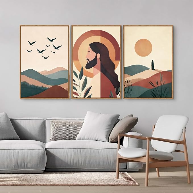 KaiWithYuan Large Jesus Portrait Framed Canvas Wall Art Set of 3, Boho Christian Bible Posters Wall Decor, Catholic Religious Calming Faith Art Paintings for Bedroom Living Room Church Office 16"x24"