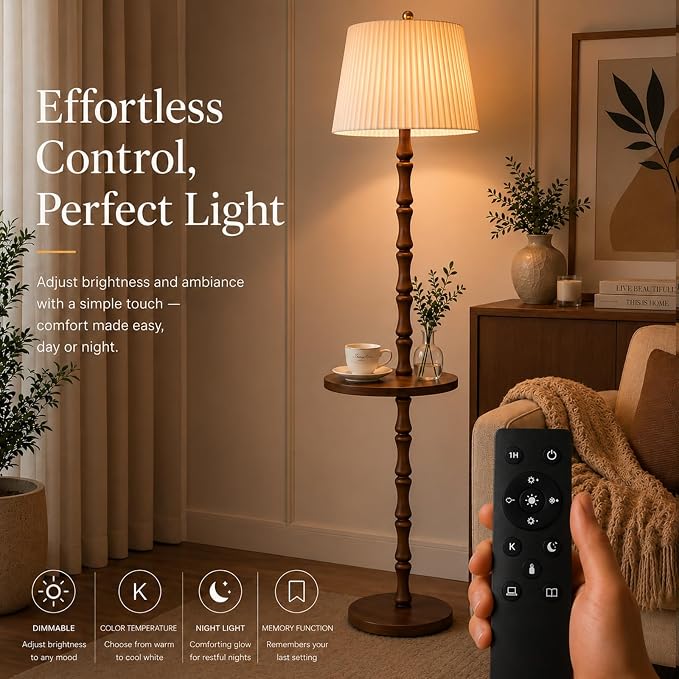 Real Wood Floor Lamp with Built-in Tray, Remote Control, Adjustable Brightness & 3 Color Temperatures, Dimmable Standing Lamp for Living Room, Bedroom, and Office – Easy Setup(Dark Walnut)