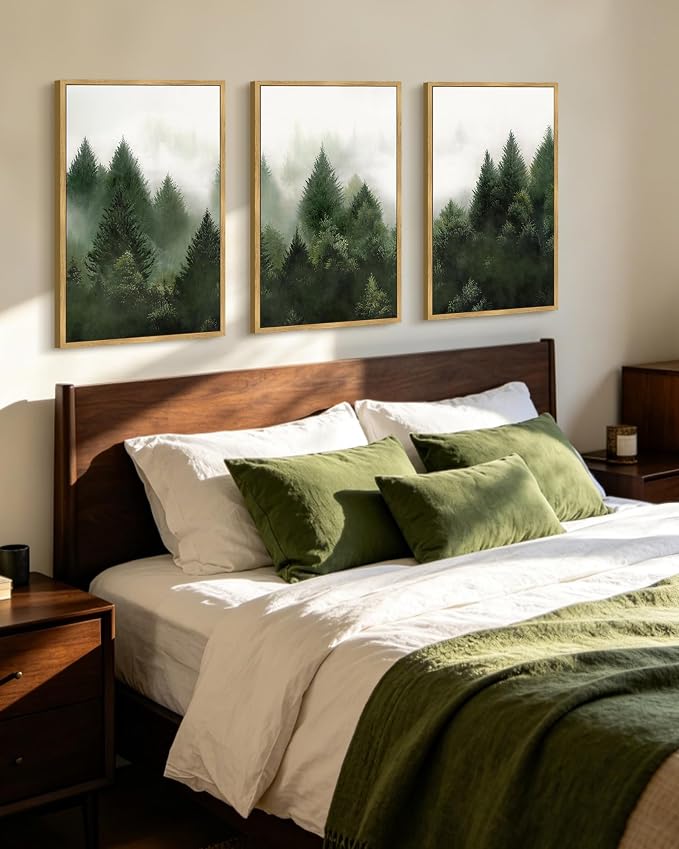 KUVIOKE Morden Green Fog Pine Tree Framed Canvas Wall Art Nature Nordic Forests Artwork Painting Bedroom Decor 16x24in (Natural Framed)