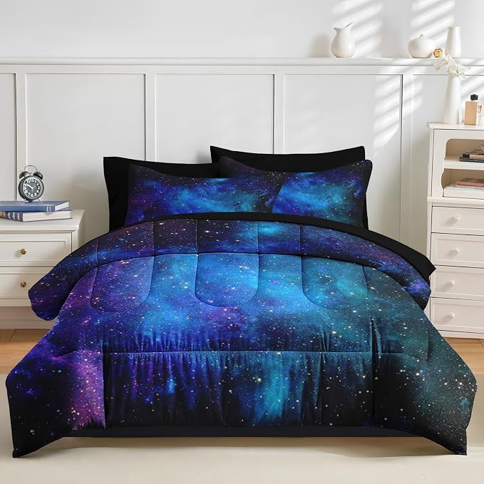 Nesker Comforter Set Twin Size, Galaxy Star Purple Retro 5 Pcs Bedding for Kids and Adults, Science Space Night Sky Bed Sheet Sets with Fitted Sheet Pillowcase & Sham