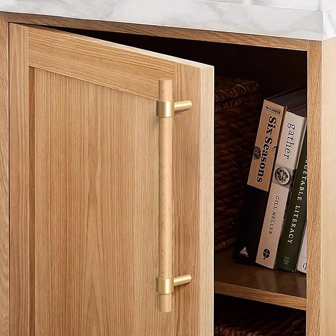 Natural Wood and Brass Kitchen Cabinet Handles 7~9.5 Inch 4Set Center to Center Adjustable Double Hole Modern Dresser Pulls, Unfinished DIY Drawer Knobs