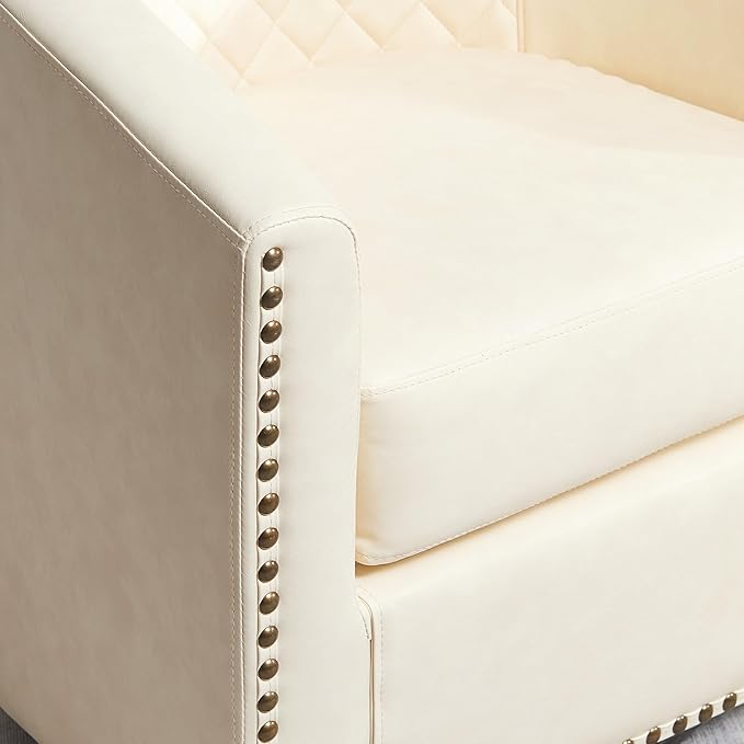 KINWELL 29" Wide Tufted Faux Leather Swivel Barrel Chair, PU Leather Modern Upholstered Accent Chairs with Nailhead Trim, Small Armchair for Living Room Bedroom, Cream