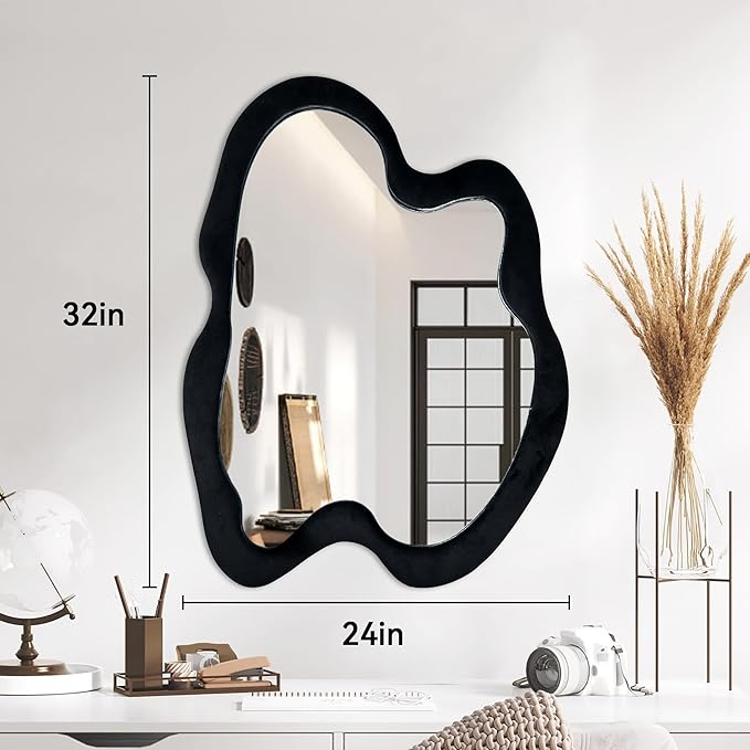 Irregular Asymmetrical Mirror, Wooden Frame with Flannel Wrap, Modern Unique Wall Mirror, 32"L x 24"W, Black