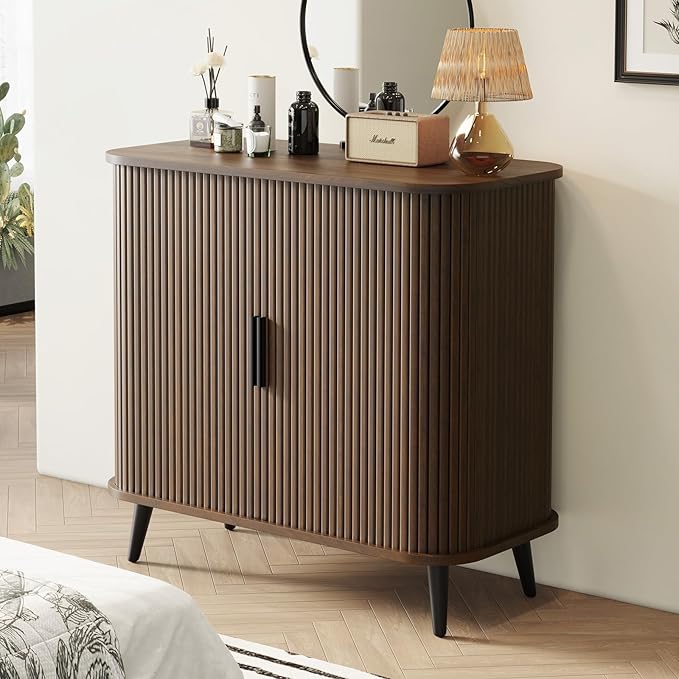 Accent Cabinet with Sliding Doors - Walnut Sideboard Buffet Cabinet with Storage for Coffee Bar, Console Table - MCM Design Bar Cabinets for Modern Home Décor Set 2