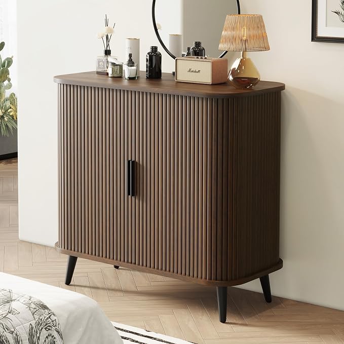Svimi Accent Cabinet with Sliding Doors - Walnut Sideboard Buffet Cabinet with Storage for Coffee Bar, Console Table - MCM Design Bar Cabinets for Modern Home Décor Set 2