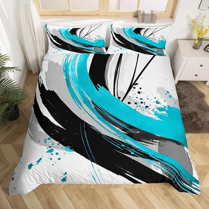 Erosebridal Black Blue Geometric Decorative Duvet Cover Queen - Geometric Boho Abstract Bedding Striped Bed Set for Boys Adults Girls Minimalists Graffiti Aesthetic Lines Bed Cover