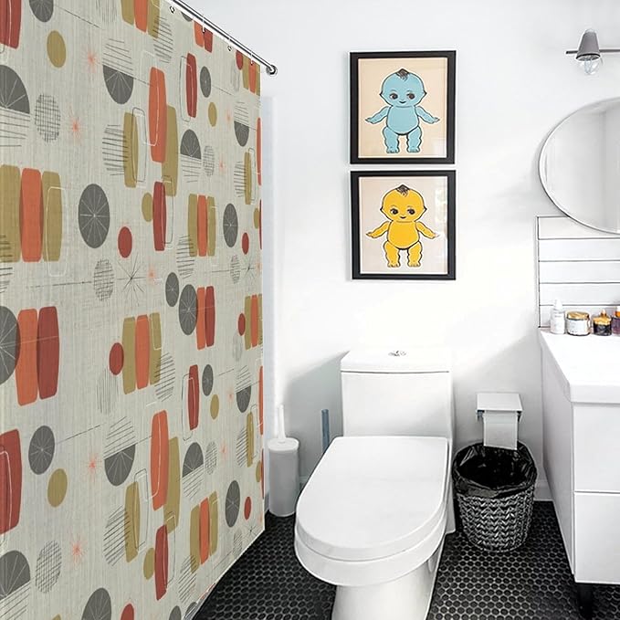 Mid Century Shower Curtain Modern Abstract Geometric Shapes Retro Texture Pattern Duty Fabric Shower Curtains Set Bathroom Polyester Waterproof with 12 Hooks,72x72Inch（183x183cm）