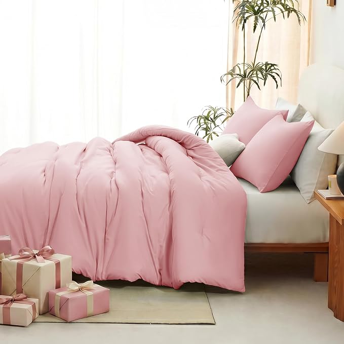 CozyLux King Size Comforter Set Pink, 3 Pieces Lightweight Down Alternative Quilted Bedding Sets, All Season Soft Breathable Solid Comforter with 2 Pillowcases, Luxury Bed Set Gift for Home