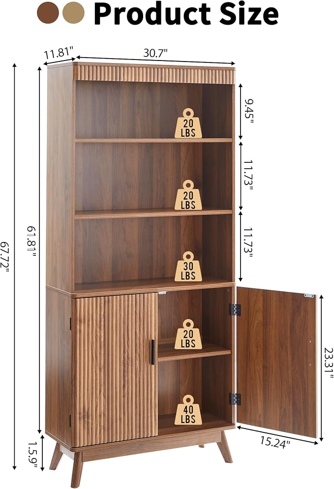 68" Fluted Tall Bookcase with Storage Cabinet,Mid-Century Modern 5-Tiers Arched Bookshelf Cabinet with Doors, Arched Bookcase with Open Display Storage Shelf for Home Office Bedroom Living Room,Walnut