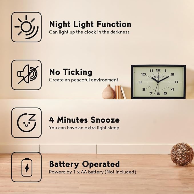 Analog Alarm Clock, 6 inch Silent Non Ticking Small Clock with Night Light, Battery Operated Simply Design for Bedroom, Bedside, Living Room, Room Decor, Desk, Table (Black)