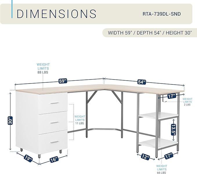 Techni Mobili L Shaped Desk - Two-Toned Computer Desk with Drawers & Storage Shelves - Simple Modern Furniture & Home Office Space Corner Table for Work & Writing
