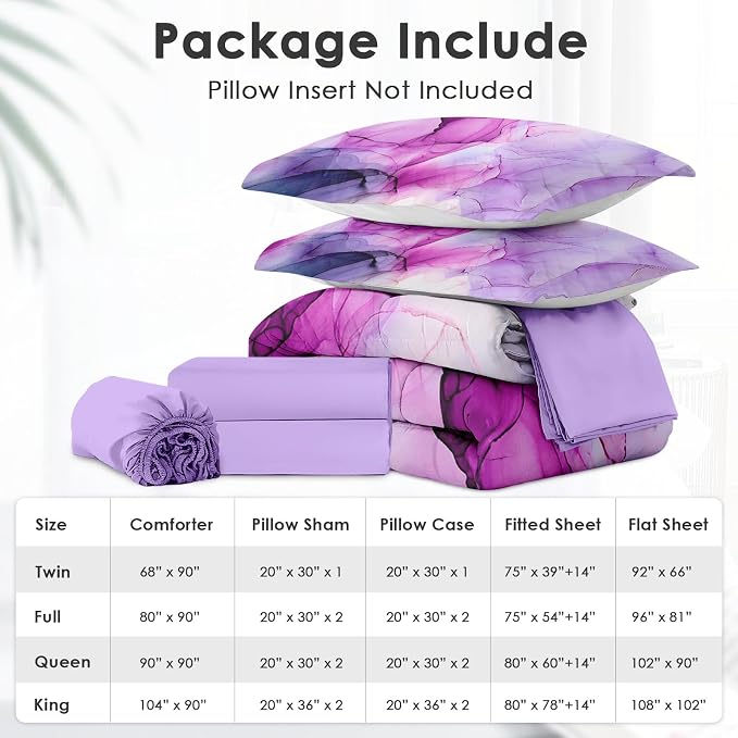 5Pcs Comforter Set Twin Size, Blue Purple Lavender Marble, Bedding Decor Pink Watercolor Smoke Abstract Shapes Bedroom Bed Set Flat Sheet Fitted Sheet Pillowcases Shams for Kids Adults