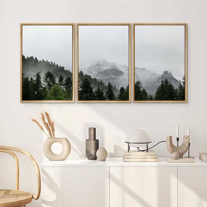 SIGNWIN 3 Piece Framed Canvas Wall Art Foggy Mountains Canvas Prints Home Artwork Decoration for Living Room,Bedroom - 16"x24"x3 Natural