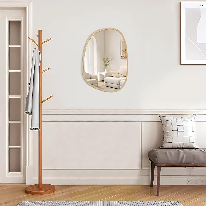 Irregular Wall Mirror Gold Asymmetrical Bathroom Mirror Oval Wood Framed Modern Wall Mounted Decorative Mirrors for Wall Home Vanity Bedroom Living Room Entryway Hallway Small 16"x12"