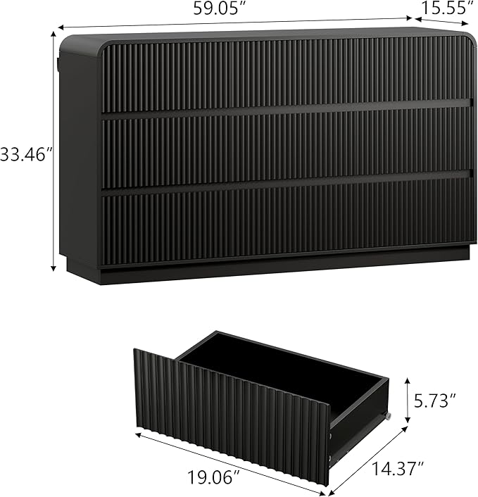 Black Dresser Fluted 9 Drawers Dresser for Bedroom, 59" Wide Wood Chest of Drawers with Hidden Handles & Rounded Corners, Modern TV Stand Storage Cabinet for Living Room, Hallway, Entryway
