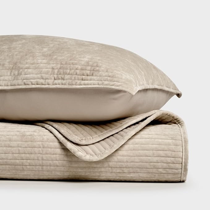 EverGrace Velvet Quilt Set California King 118'' x 106'', Luxurious Soft Bedding Sets, Lightweight Velvet Comforter for All Season, Striped Oversized Bedspread Coverlet w/ 2 Shams, Urban Taupe