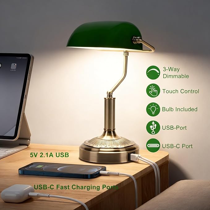 Vintage Bankers Lamp, Green Glass with Antique Brass Finish, USB & Type-C Charging Ports, 3-Way Dimmable Touch Control Desk Lamp for Home Office, Piano, Library (Brass+Green)