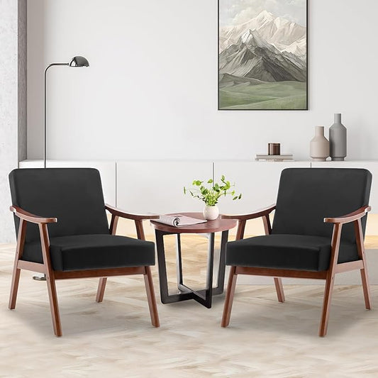 Furnimart Black Velvet Accent Chairs Set of 2, Mid Century Modern Chair Reading Chairs with Extra-Thick Backrest, Wooden Armchairs for Living Room, Bedroom, Waiting Room