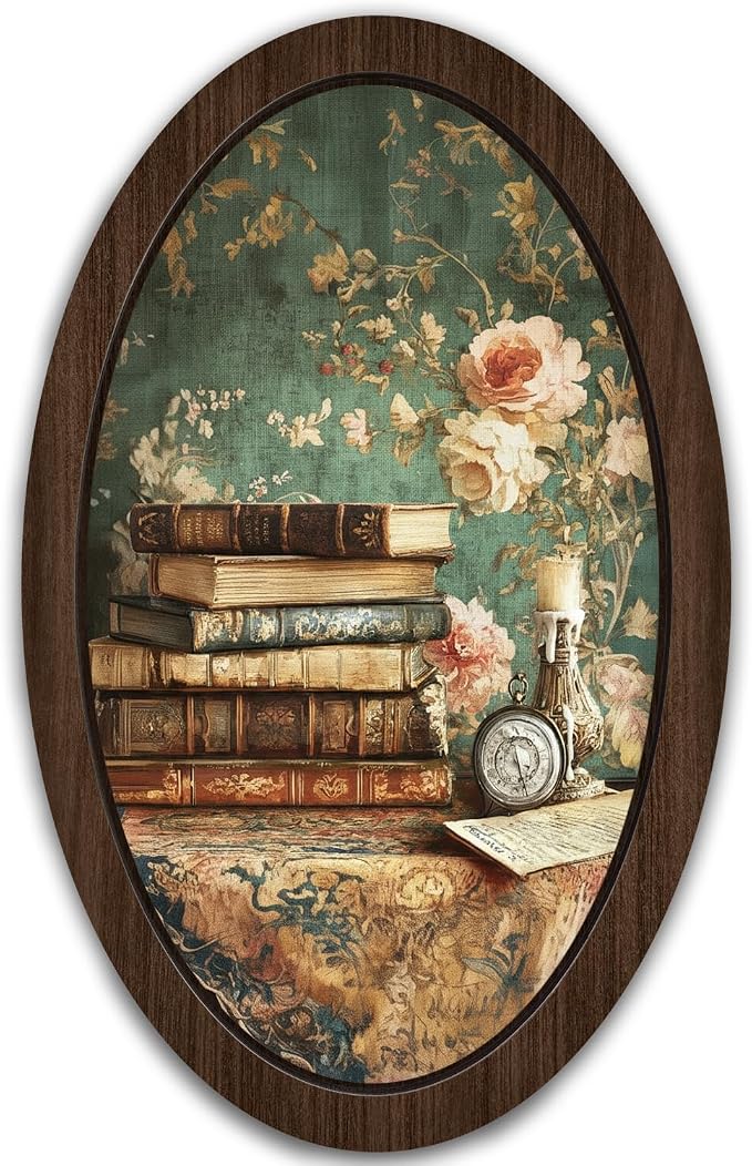 UYIKG Vintage Floral Wall Art Oval Framed,Farmhouse Oval Wall Decor,Rustic Farmhouse Cottagecore Wooden Framed Decor for Theme Room Home Bedroom Living Room Reading Room 9x14.6 in