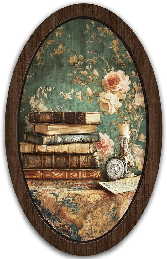UYIKG Vintage Floral Wall Art Oval Framed,Farmhouse Oval Wall Decor,Rustic Farmhouse Cottagecore Wooden Framed Decor for Theme Room Home Bedroom Living Room Reading Room 9x14.6 in