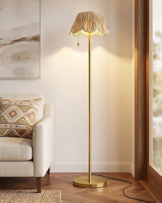 OYEARS 65" Boho Floor Lamps for Living Room, Rattan Floor Lamp, Pull Chain Switch, Gold Standing Lamp with Hand-Woven Shade, Farmhouse Tall Lamps for Nursery, Metal Base&Pole, Bulb not Included, Gold