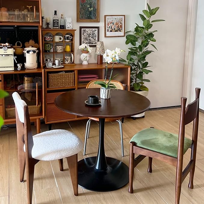 23.4" Round Tulip Dining Table for 2-4 People with Walnut Top and Black Metal Pedestal Base, Mid-Century Modern Small Space Table for Kitchen, Living Room, Cafe