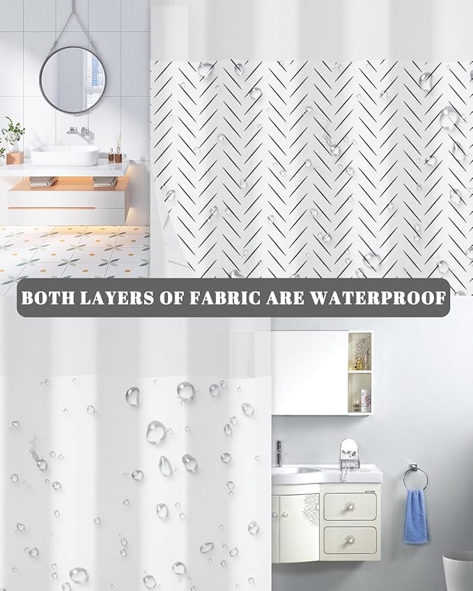 No Hook Shower Curtain and Liner Set, Black and White Herringbone Print Double Layer Waterproof Fabric Bath Tub Curtain for Modern Minimalist Bathroom Decor, See Through Top, 71x74 Inch