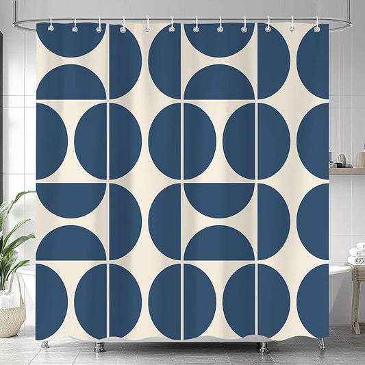 Dark Blue Mid Century Modern Shower Curtain, Boho Abstract Geometric Retro Art Shower Curtains for Bathroom, Colorful Unique Pattern Polyester Fabric Shower Curtain Set 12 Hooks 72X72IN