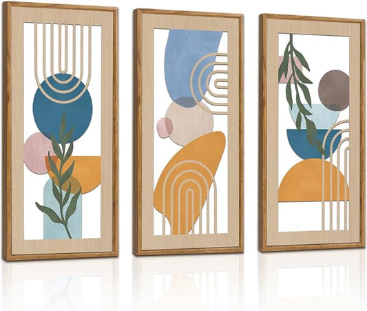 TOARTi 3PCS Boho Abstract Wooden Wall Art Mid Century Modern Wall Decor Minimalist Geometric Leaf Artwork For Living Room Decoration Mid-Century Geometric Botanical Wall Sculptures