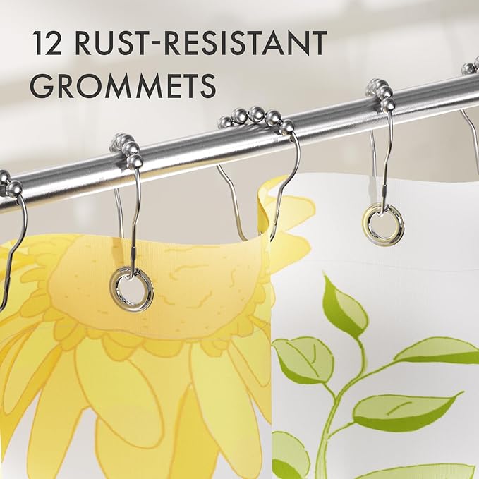 AmazerBath Floral Shower Curtain, Washable Cloth Shower Curtain Sets with 12 Shower Curtain Hooks, Fabric Rustic Yellow Gerbera Flower Eucalyptus Fall Shower Curtains for Bathroom Decor, 72x72 Inches