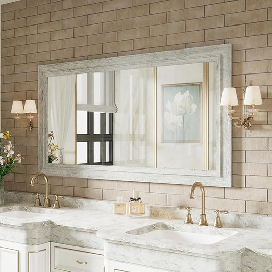 Rustic Wall-Mounted Vanity Mirror, Solid Wood Frame Bathroom Mirror, Farmhouse Style for Living Room, Bedroom, Entryway, Horizontal/Vertical Hanging