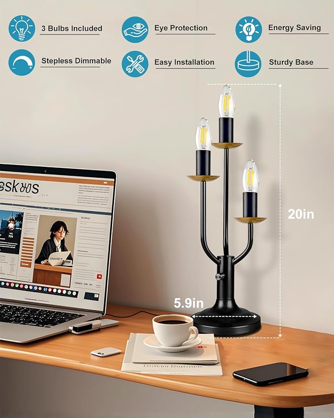 3-Light Dimmable Candelabra Table Lamp with LED Bulbs Included, Vintage Industrial Black Metal Desk Lamp, Retro Candle Nightstand Light for Bedroom, Living Room, Office, Cafe Decor