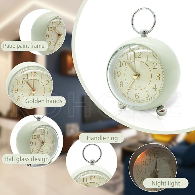 Rohome Vintage Small Alarm Clock with Night Light, Green, Silent Quartz Movement, Non-Ticking, Decorative, for Bedside Table, Desk, Kitchen, Bedroom, Shelf, Nightstand (Green)