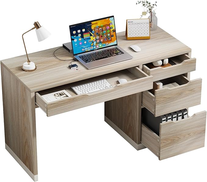 MaverickFurni 52 Inch Desk with 4 Drawers, Computer Desk with Storage File Drawer for Bedroom, Small Office Desk with Storage for Small Space, Light Walnut