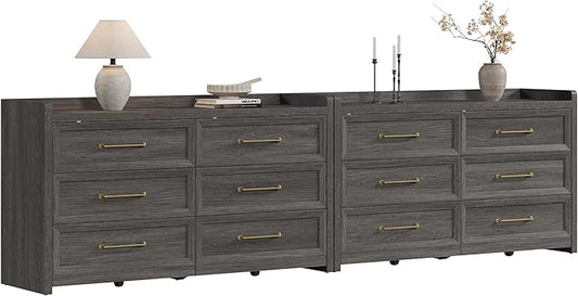 SICOTAS 6 Drawer Dresser for Bedroom-112.8" Extra-Wide Wooden Chest of Drawers with Large Storage, Long Dresser TV Stand with Drawers, Modern Closet Dressers for Nursery, Dark Grey Oak, 2PCS