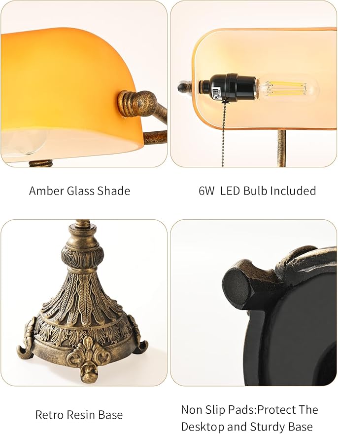 Vintage Amber Glass Bankers Desk Lamp for Home Office,Library with Pull Chain Switch Plug in Fixture, LED Bulb Included