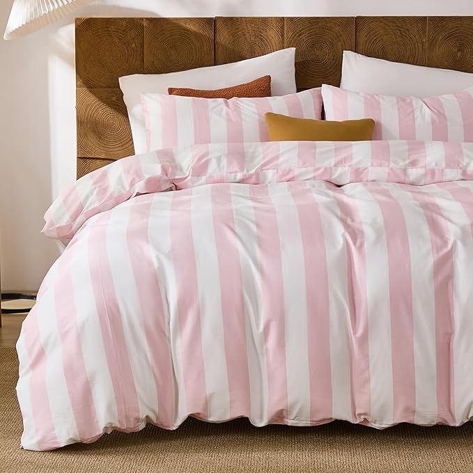Merryword Pink and White Striped Duvet Cover Set Queen Size, 100% Cotton Bedding Set with Zipper Closure & 8 Corner Ties, Luxury Linen Like Bedding, Soft Breathable Comforter Cover for All Seasons