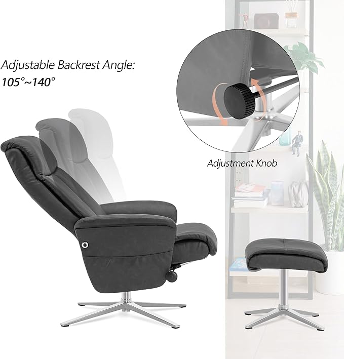 MCombo Swivel Recliner with Ottoman, Modern Heavy-Duty Aluminum Base, Faux Leather Lounge Chair for Small Space, Living Room, or Office 4603 (Dark Grey)