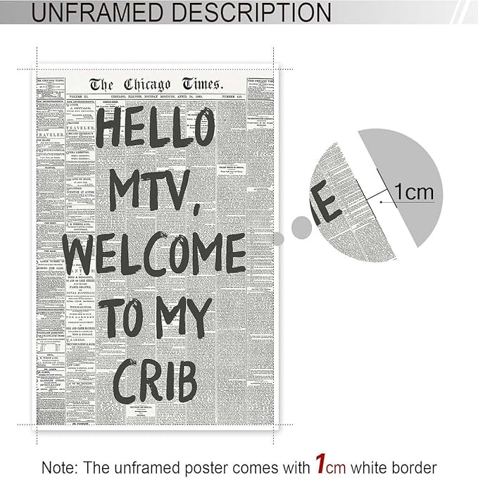 Drimiler Hello Mtv Welcome To My Crib Poster Vintage Black And White Newspaper Canvas Wall Art Positive Affirming 70'S Room Aesthetic Prints Painting For Home Bedroom Dorm Wall Decor 12x18in Unframed