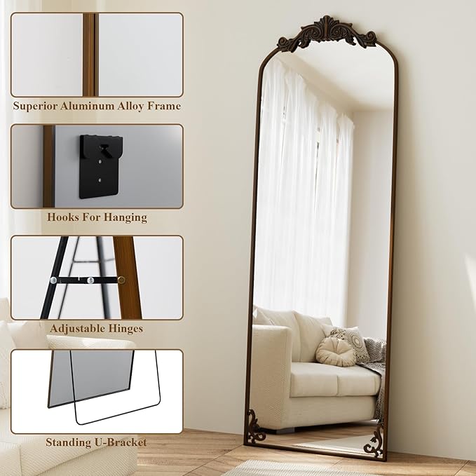 HARRITPURE Vintage Full Length Mirror - 64"x21" Arched Large Floor Standing Mirrors, Baroque Carved Aluminum Frame for Bedroom, Living Room, Entryway,Bronze