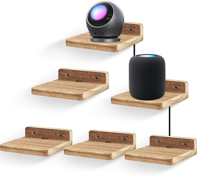 Small Floating Shelf for Wall,5 Inch Wooden Wall shelf Set of 6,Mini Speaker, Baby Monitor,Cameras，Figurines Display Stand, for Bedroom, Gaming Room, Living Room, Bathroom(Carbonized Black)