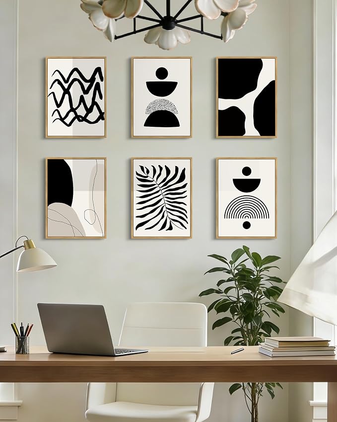 Drsoum Abstract Boho Wall Art Minimalist Geometric Framed Boho Room Decor Black Line Art Mid Century Modern Prints Bohemian Living Room Bedroom Ready to Hang 11x14inx6pcs (Natural Framed)